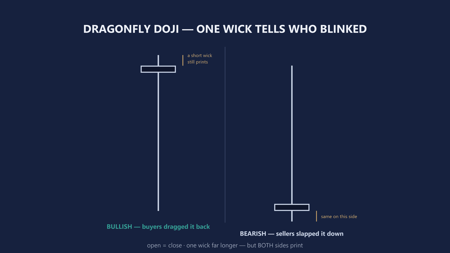 Diagram headed Dragonfly Doji, one wick tells who blinked. Two candles either side of a thin dividing line. The left one is a flat open rectangle at the top with a very long thin wick dropping below it, labelled in teal BULLISH, buyers dragged it back. The right one is a flat open rectangle at the bottom with a very long thin wick rising above it, labelled BEARISH, sellers slapped it down. A line underneath reads open equals close, wick on ONE side.