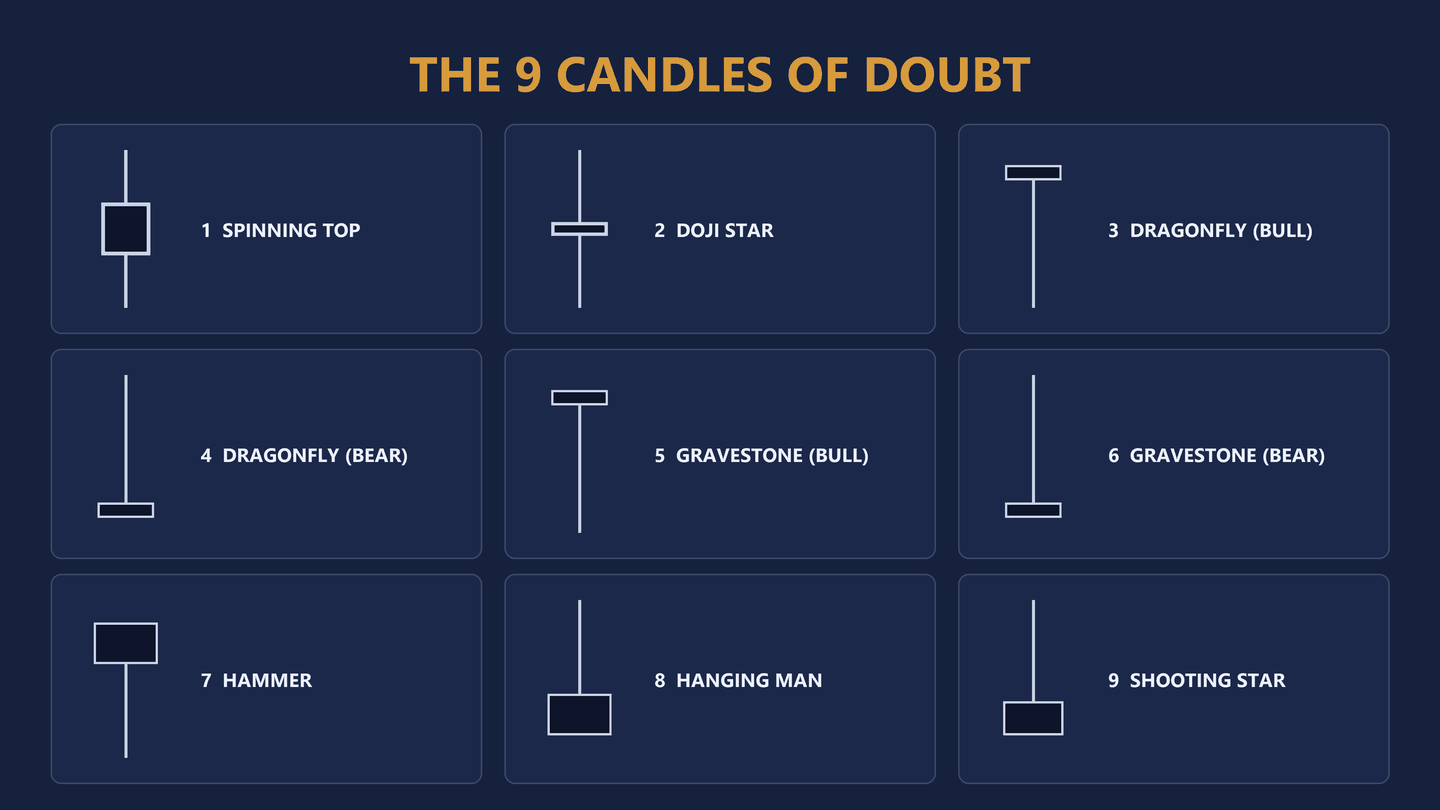 Reference plate headed The 9 Candles of Doubt in amber, laid out as nine numbered cards in three rows of three on a navy field. 1 Spinning Top, a small body centred on a wick running above and below. 2 Doji Star, a flat body on a long wick. 3 Dragonfly bull, a flat body at the top of a long lower wick. 4 Dragonfly bear, a flat body at the bottom of a long upper wick. 5 Gravestone bull, a flat body pinned to the top of a long lower wick. 6 Gravestone bear, a flat body pinned to the bottom of a long upper wick. 7 Hammer, a small body at the top of a long lower wick. 8 Hanging Man, a small body at the bottom of a long upper wick. 9 Shooting Star, a small body at the bottom of a long upper wick.