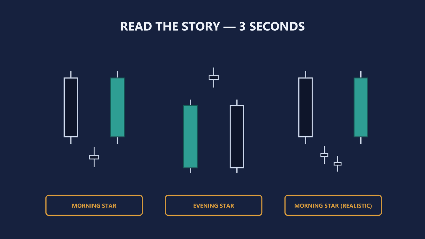 Diagram headed Read the story, three seconds. Three groups of candles, each with an amber-outlined label beneath it. First group: tall dark navy candle, small doji below, tall teal candle, labelled MORNING STAR. Second group: tall teal candle, small doji above, tall dark navy candle, labelled EVENING STAR. Third group: tall dark navy candle, two small dojis below, tall teal candle, labelled MORNING STAR (REALISTIC).