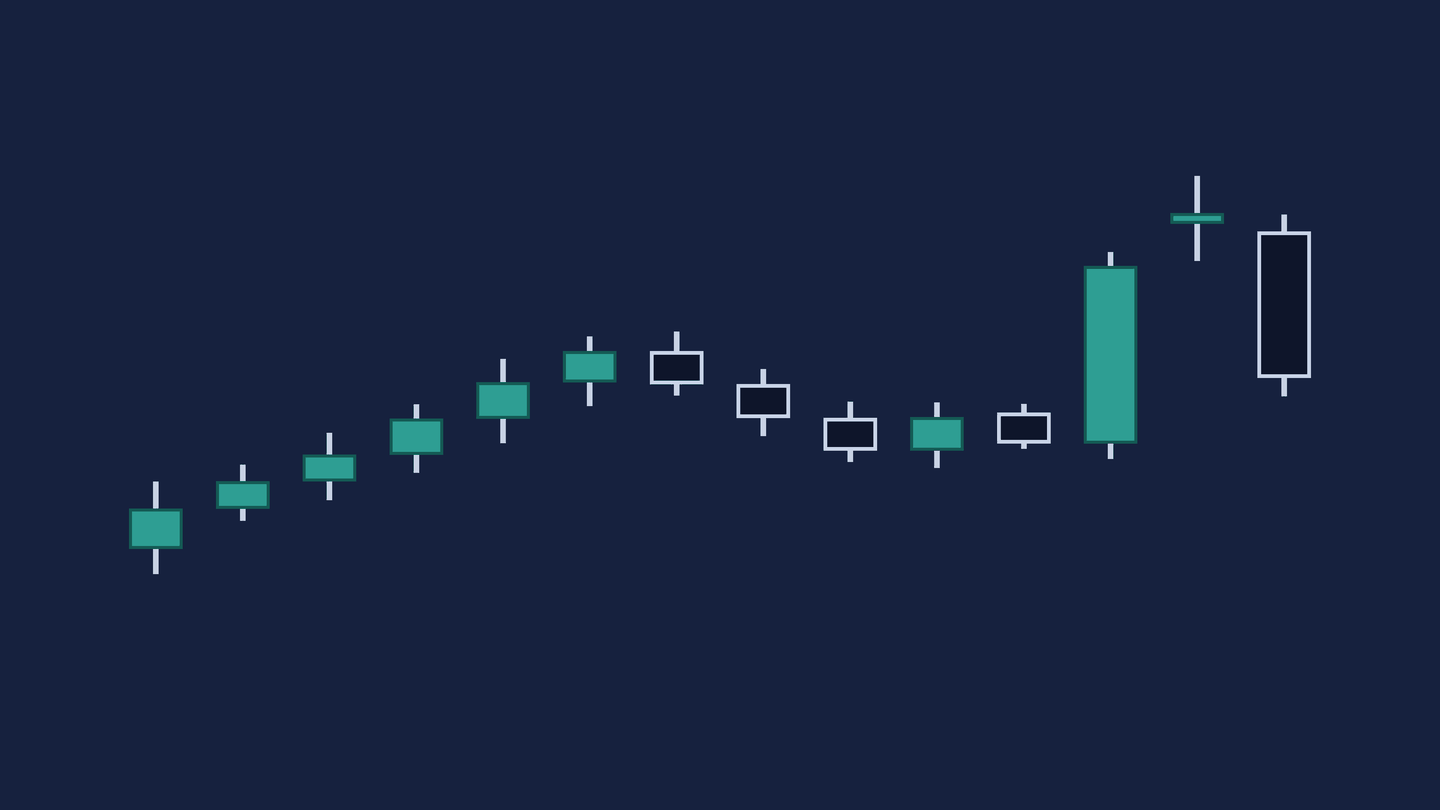 Unlabelled diagram on a navy field, with no text and no numbers anywhere on it. Fourteen candles climb left to right in an uneven staircase. The eleventh is a navy body that covers most, though not all, of the teal body before it. The twelfth is a tall teal body. The thirteenth is a very small body sitting clear above the twelfth. The fourteenth is a navy body that finishes well down inside the range the twelfth covered. The plate ends there.