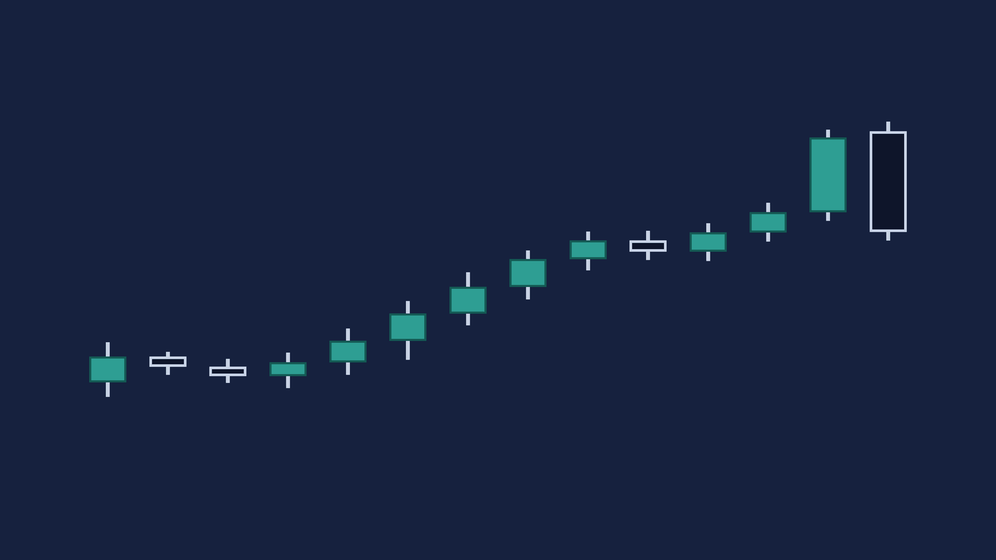 Unlabelled diagram on a navy field, with no text and no numbers anywhere on it. Fourteen candles climb left to right. The thirteenth is a teal body of moderate height near the top of the plate. The fourteenth is a taller navy body whose upper edge sits above the thirteenth candle's upper edge and whose lower edge finishes below the thirteenth candle's lower edge. The plate ends there.