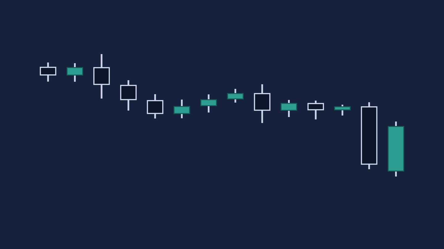 Unlabelled diagram on a navy field, with no text and no numbers anywhere on it. Fourteen candles step downward left to right. The eleventh and twelfth both carry wicks hanging below them that reach close to the same level as each other, though not quite the same one. The thirteenth is a tall navy body. The fourteenth is a teal body that begins below where the thirteenth finished and whose upper edge ends partway up inside the thirteenth candle's body. The plate ends there.